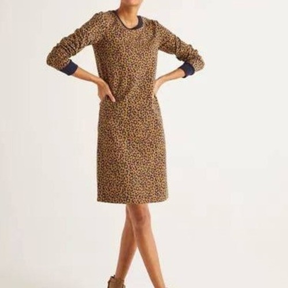 BODEN Shift Dress Women's 8 Brown Leopard‎ Print Long Sleeve Cotton Casual